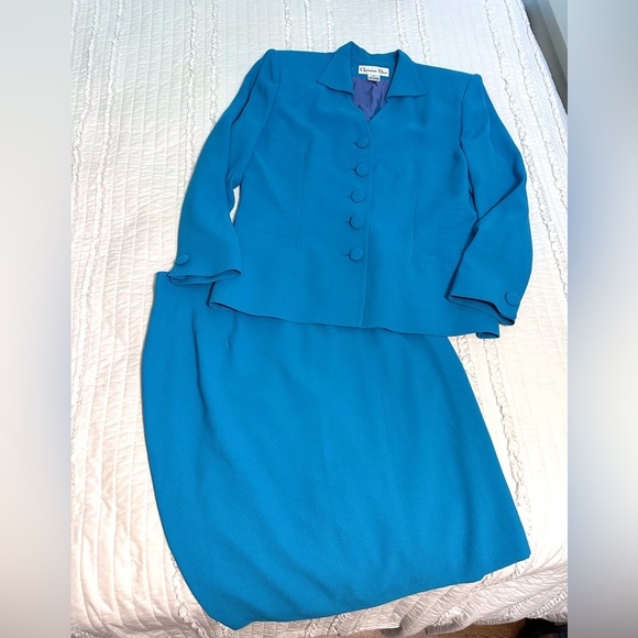 VINTAGE CHRISTIAN DIOR BRIGHT BLUE SKIRT SUIT SET women’s Size 16 turquoise RARE - Picture 1 of 14